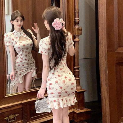 Kvinna Kort Kjol Blommig Design Kristallbomull med Låg Slits och Dubbel Krage 4