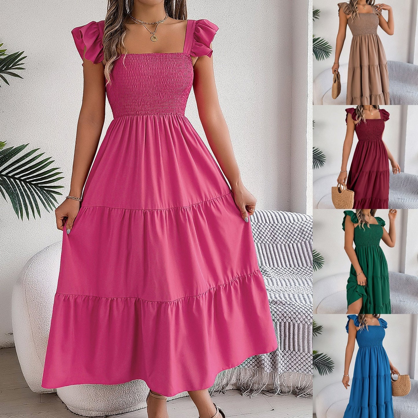 Damklänning A-Linje Fyrkantig Halsringning Polyester Ärmlös-2