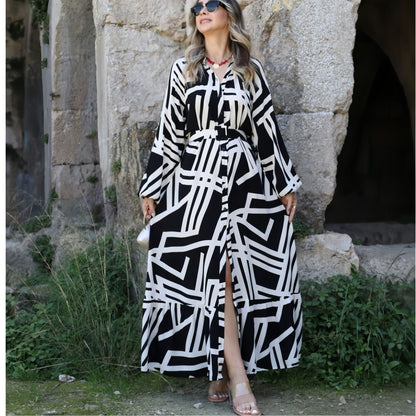 Fina Dam Klänningar Lång Klänning Tryckt Polyester med Bälte-1