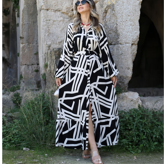 Fina Dam Klänningar Lång Klänning Tryckt Polyester med Bälte-1