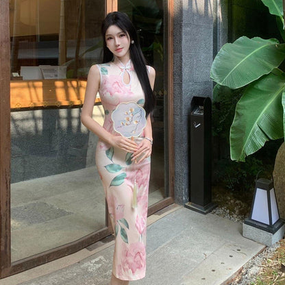 Kvinnors Lång Qipao Klänning Blommönster Högkvalitativt Tyg-2