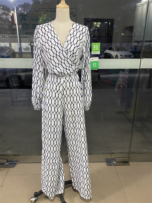 Dam Långärmad Topp Hög Midja Bredbyxor Polyester-1