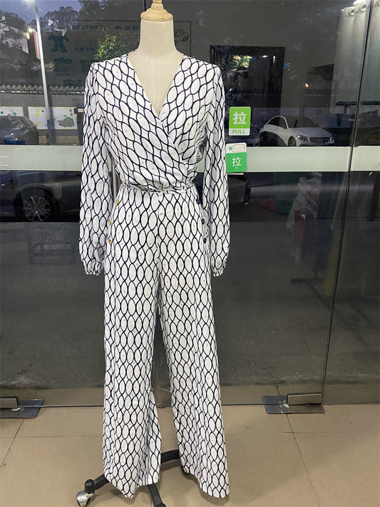 Dam Långärmad Topp Hög Midja Bredbyxor Polyester-1