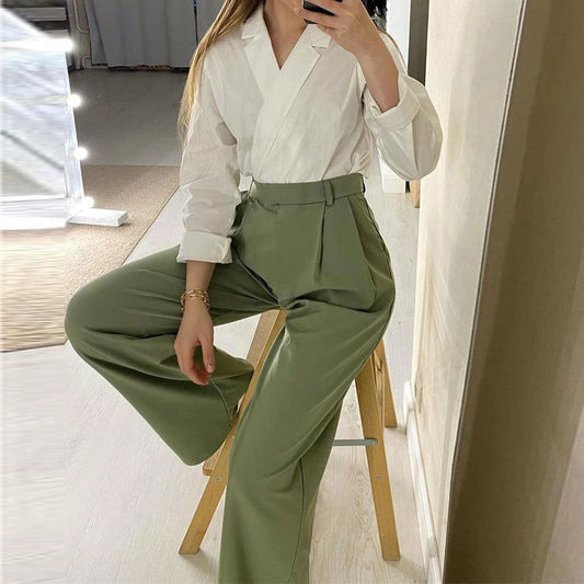 Kvinnors Set med Fästningskrage Skjorta och Hög Midja Byxor i Polyester – Elegant Urban Stil för Vardag och Fest 1