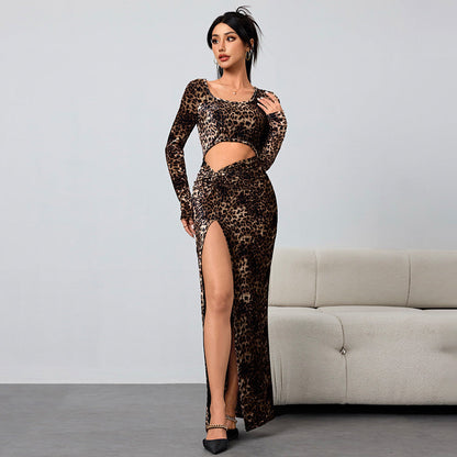 Dam Klänning A-Line Leopardmönster Lång Ärmar Polyester-2
