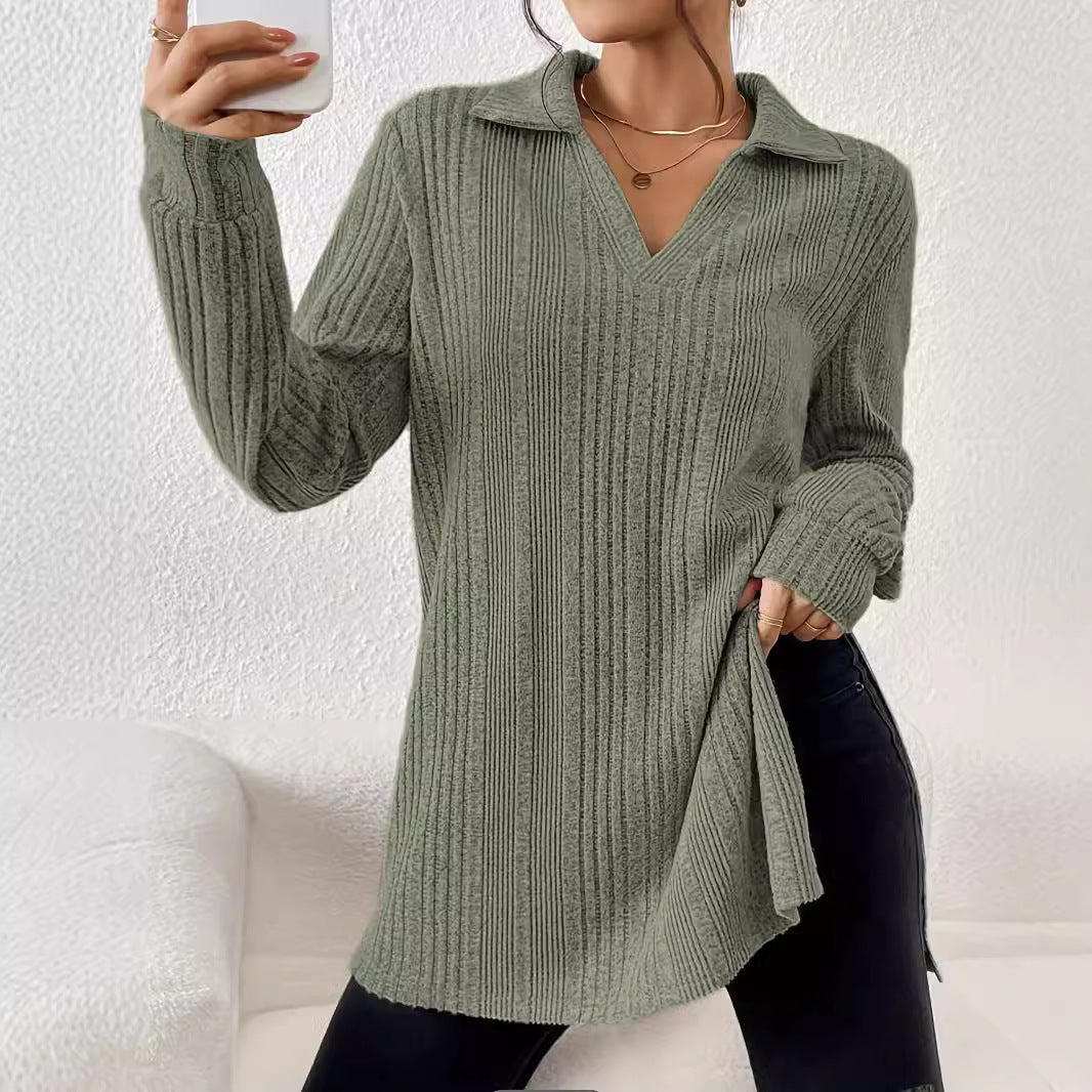 Dam Långärmad T-shirt Löst Passform Bomull Polo-krage-3