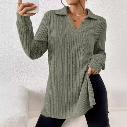 Dam Långärmad T-shirt Löst Passform Bomull Polo-krage-3