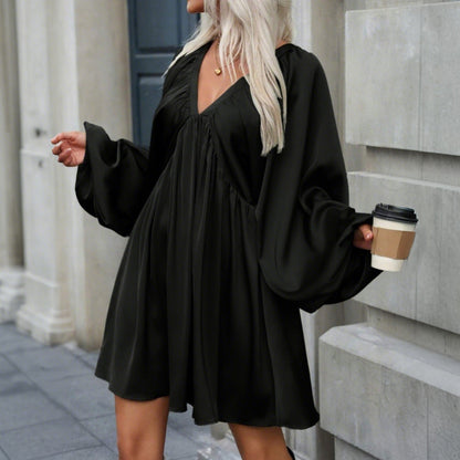 Kvinna A-Line Klänning V-Halslinje Polyester Enfärgad-4