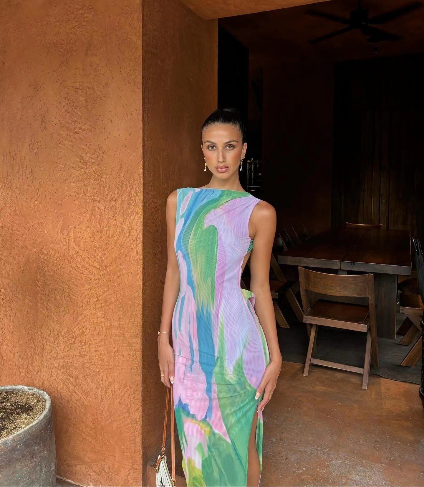 Kvinnors Lång Klänning V-Hals Spaghettiband Polyester-4