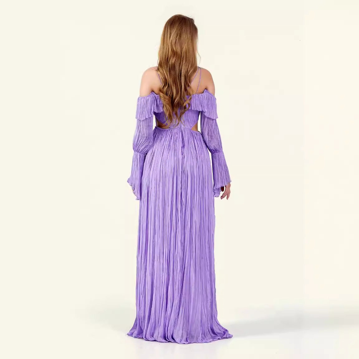 Kvinna Flared Klänning Öppen Rygg Polyester Långärmad-3