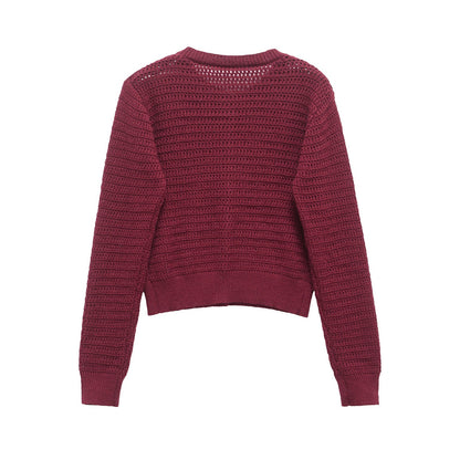 Dam Kardiagan Monokrom Stickad Polyester Långärmad-2