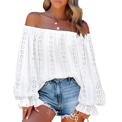 Dam Axellykta Topp Löst Passform Polyester med Öppna Axlar och Lanternärmar-4