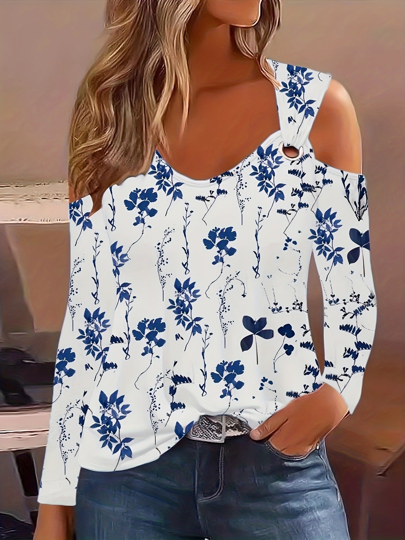 Variant image for Dam Off-Shoulder Topp Blommönster V-Ringning Polyester-16