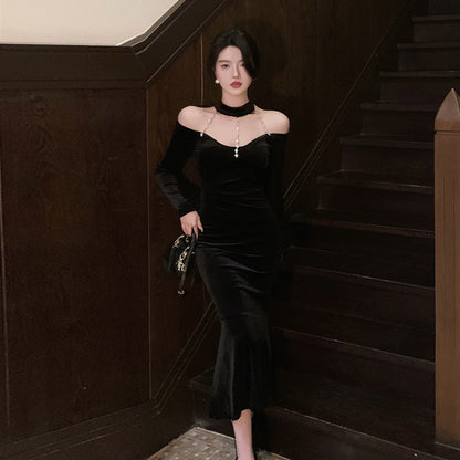 Kvinnors Stropplös Klänning Sjöjungfrustil Sammet-4