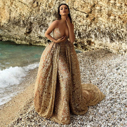 Kvinna Cami-klänning Utställd Polyester med V-ringning och Guldtryck-1