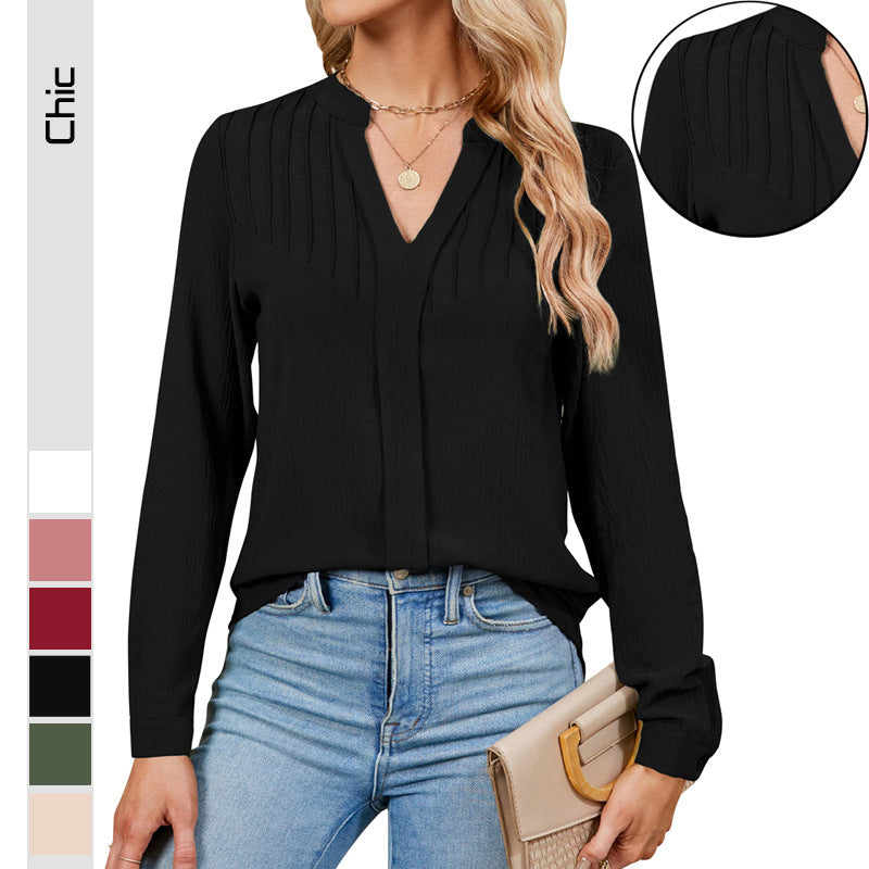 Dam Skjorta V-ringad Långärmad Polyester med Stand-up Krage-2