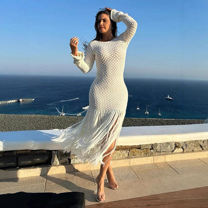 Dam Stickad Klänning med Fransar i Mjukt Tyg för Sommarens Festligheter 1