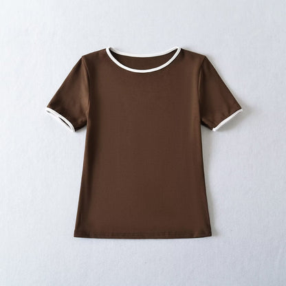 Dam T-Shirt med Kort Ärmar och Kontrastkrage i 100% Bomull – Trendig och Bekväm för Vardag och Fritid 8