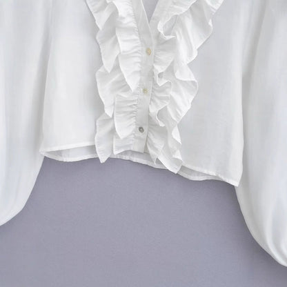 Dam Blus med Rüsch Detaljer och Klassisk Krage i Andningsbart Tyg-4