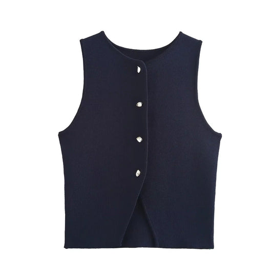 Dam Väst V-hals Knappdesign Polyester Ärmlös-1