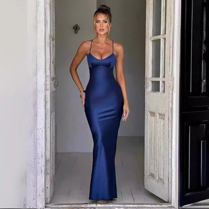 Kvinna Lång Klänning V-hals Ärmös Polyester Spaghetti-Stil-2