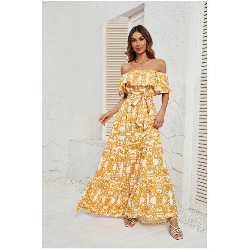 Variant image for Kvinnors Off-Shoulder Klänning Blommönster Rynkad Polyester-1