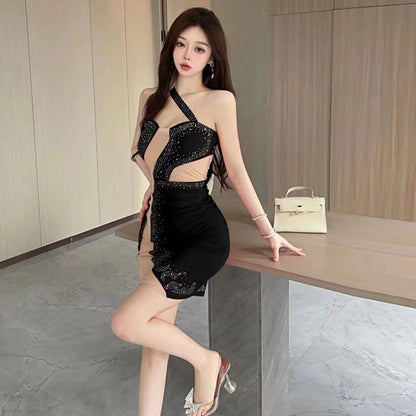 Damklänning Bodycon V-ringning Polyester Med Mesh och Rhinestones-5