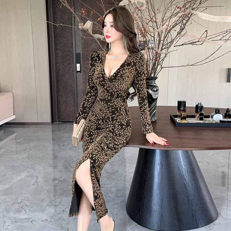 Maxiklänning Dam Långärmad Stretch V-Ringning Elegant Maxi Längd-4