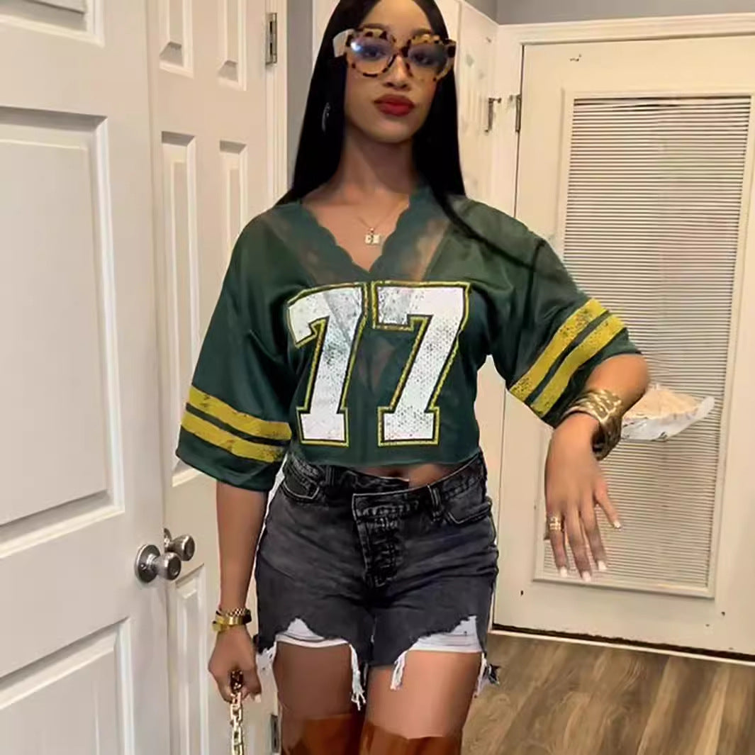 Dam T-shirt V-ringad Kort Ärme Polyester-3