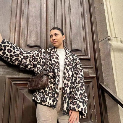 Kvinnors Quiltad Jacka Leopardmönster Hållbart Isolerande Material 3