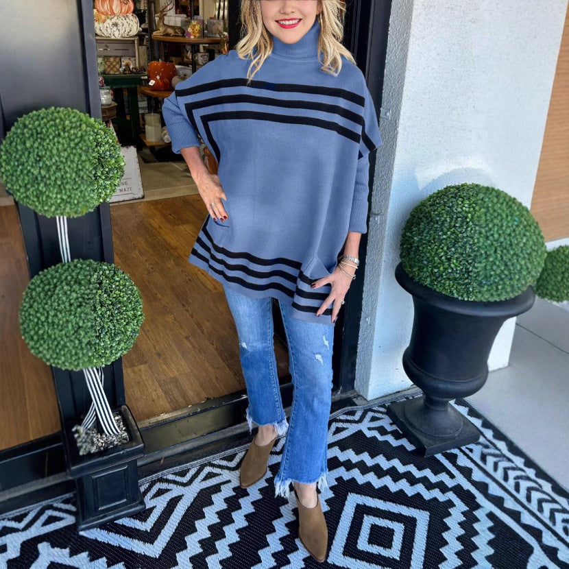 Stickad Dam Tröja Randig Halvhög Krage Akryl-4