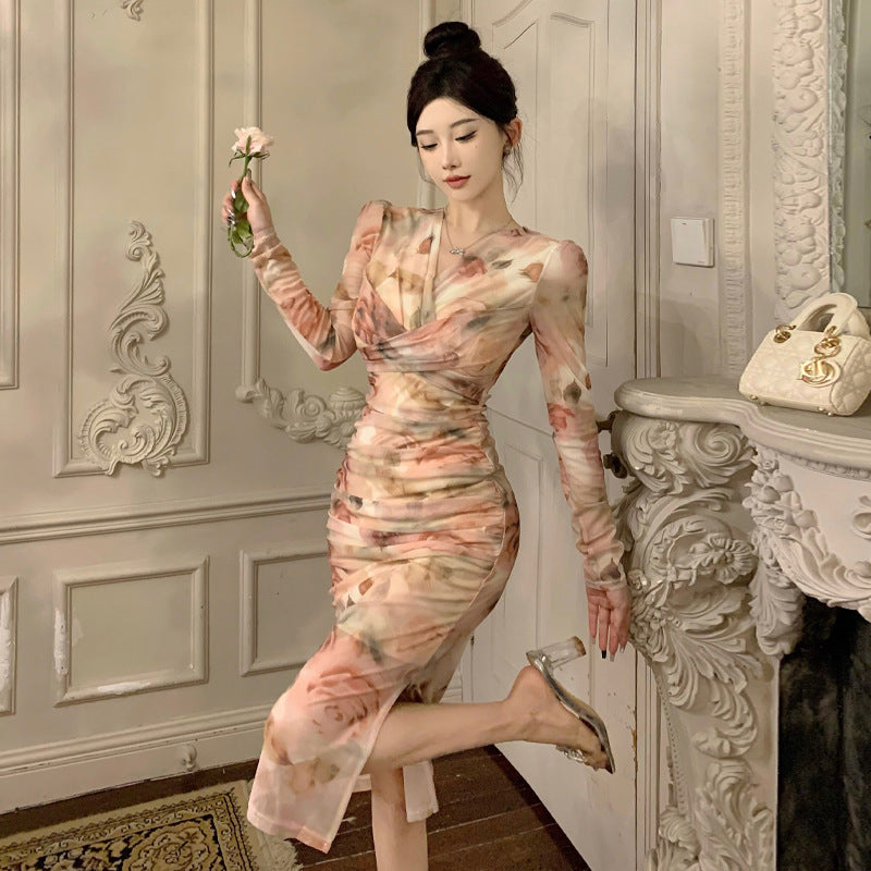 Damklänning Midi V-ringad med Tryck 100% Polyester Långa Ärmar Elegant Stil-2