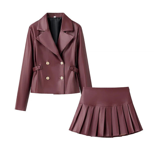 Dam Blazer Set i Syntetiskt Läder med Utställd Kjol – Elegant och Lättskött för Festliga Tillfällen 1