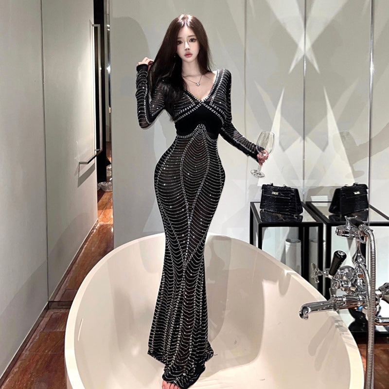 Dam Klänning Långärmad V-ringning med Rhinestone Detaljer Polyester-3