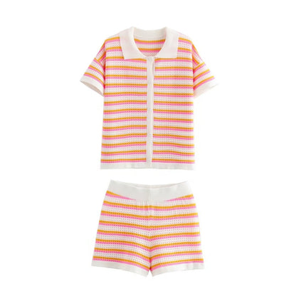 Dam Shorts Set Randig Stickad Topp 100% Bomull Avslappnad Passform-4