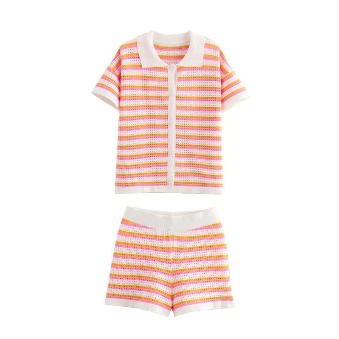 Dam Shorts Set Randig Stickad Topp 100% Bomull Avslappnad Passform-4