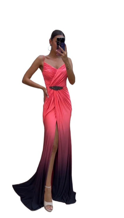 Damklänning A-Line Djup V-hals Polyester Lång Kjol-4