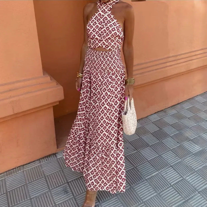 Dam Jumpsuit Lätt Tyg med Bindande Bälte Geometriskt Mönster 3