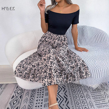 Dam Midi Klänning Off-Shoulder Blommig A-Linje Polyester för Sommar och Fest-4