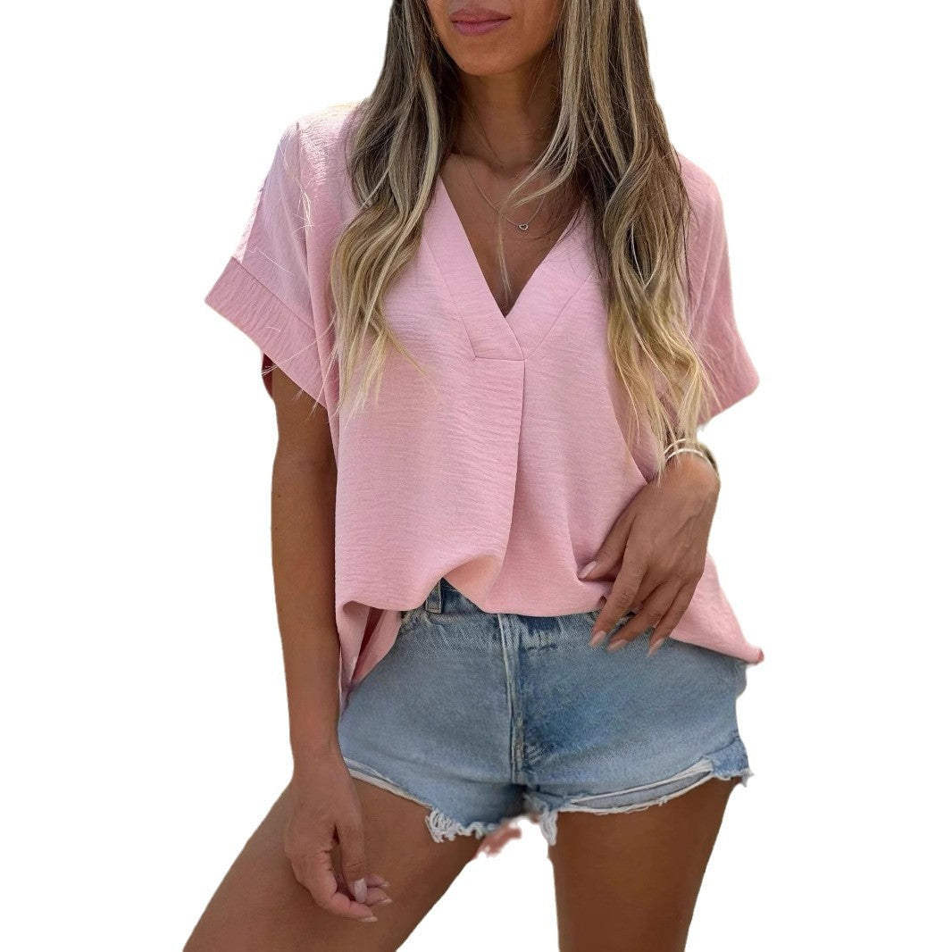 Dam T-shirt V-ringning Kort Ärmar Polyester-6