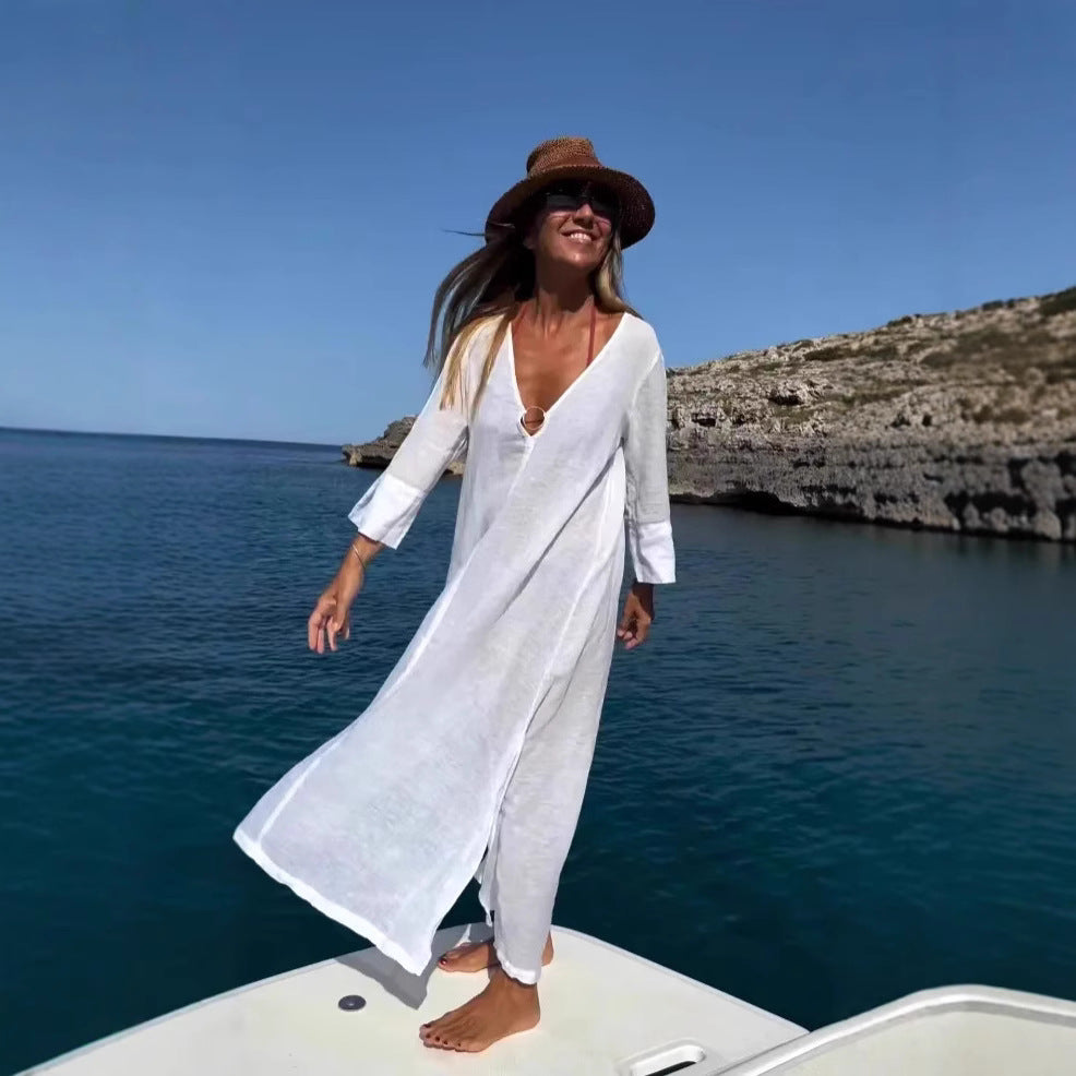 Dam Klänning Lång V-ringad Bomull Elegans-2