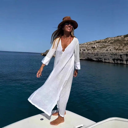 Dam Klänning Lång V-ringad Bomull Elegans-2