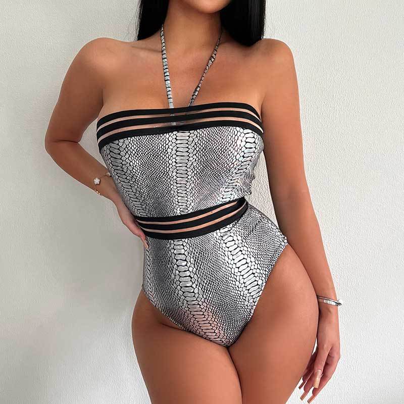 Baddräkt Dam Bandeau Med Höga Ben Och Ormspanndetaljer i Elastisk Mikrofiber-4