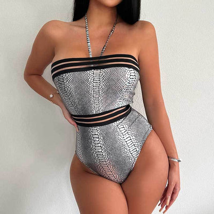 Baddräkt Dam Bandeau Med Höga Ben Och Ormspanndetaljer i Elastisk Mikrofiber-4