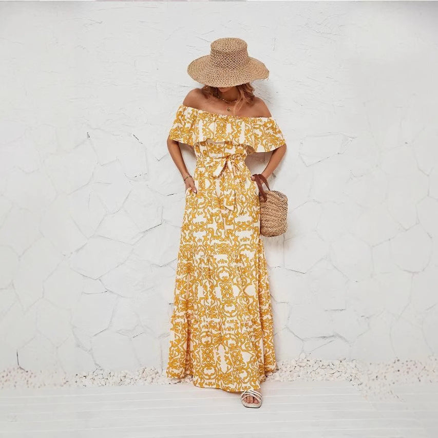 Kvinnors Off-Shoulder Klänning Blommönster Rynkad Polyester-3