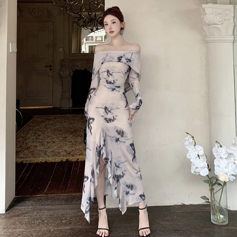 Dam Klänning Med Huva Fjärilstryck Långärmad Polyester-3