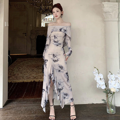 Dam Klänning Med Huva Fjärilstryck Långärmad Polyester-3