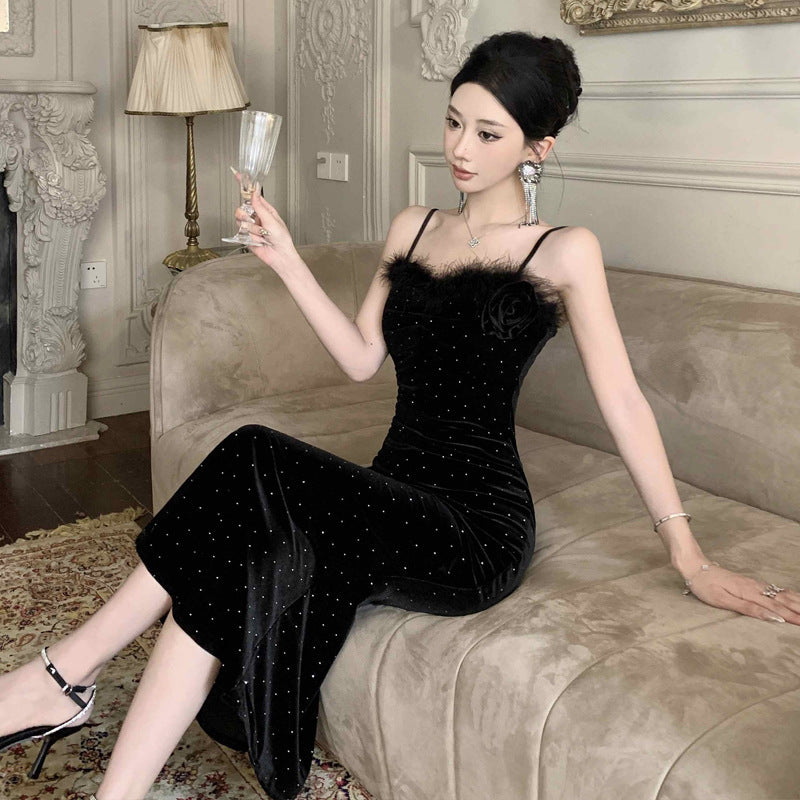 Fina Dam Klänningar Bodycon V-ringning Sammet Långa Ärmar-5