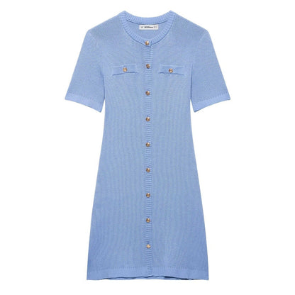 Kvinnors Stickad Klänning med Knappdetaljer och Fickor Andningsbart Material-1