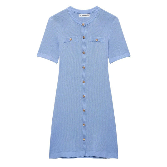 Kvinnors Stickad Klänning med Knappdetaljer och Fickor Andningsbart Material-1